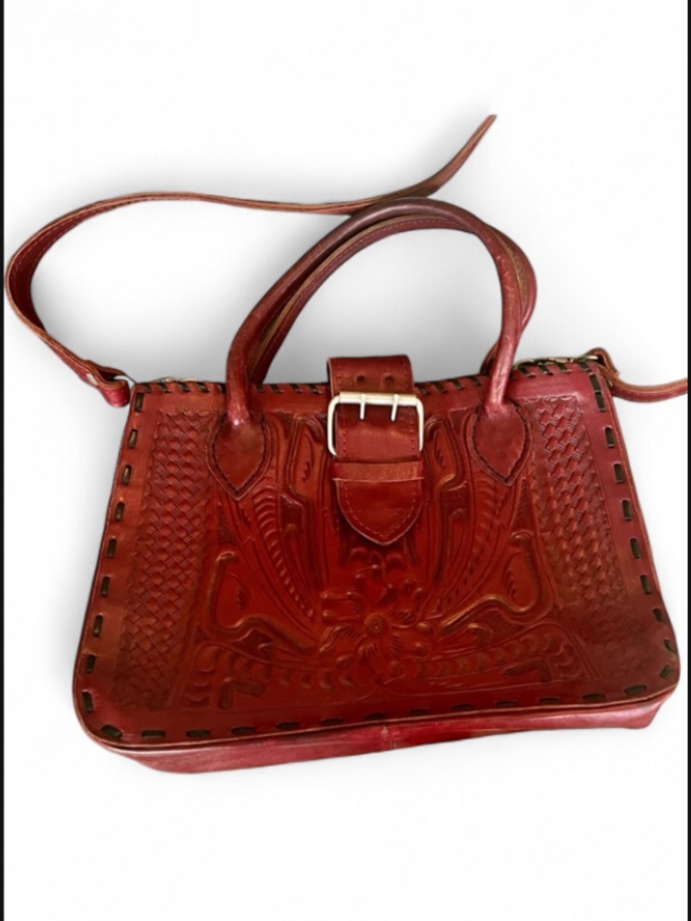 Tooled Leather Handbag with Long Strap